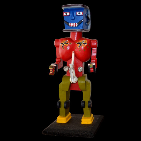 Robot red with blue head - Sculpture polychrome - Camara Demba - 2012