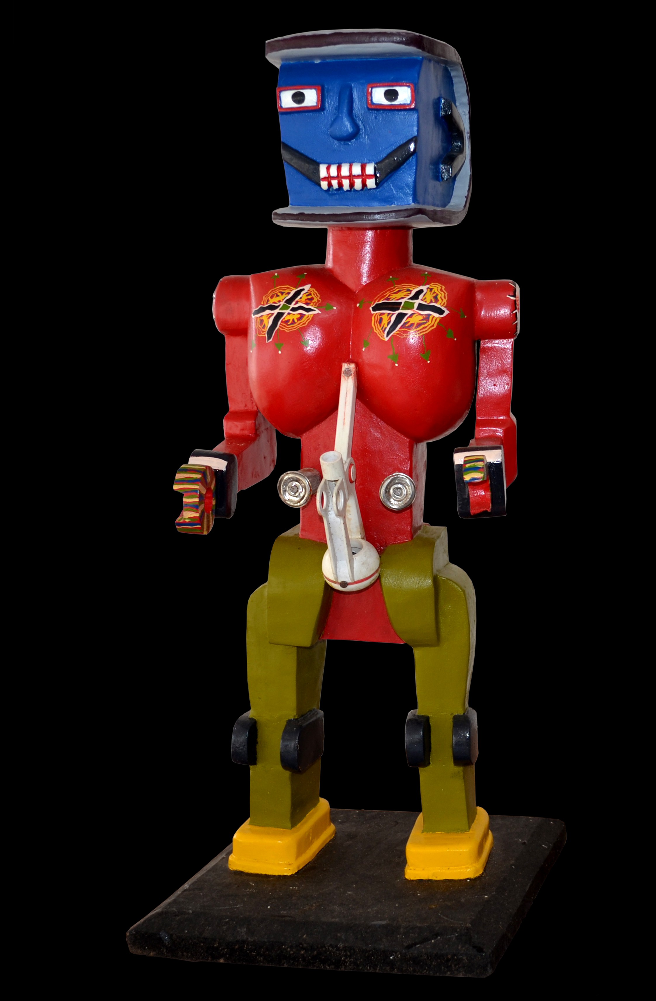 Robot red with blue head - Sculpture polychrome - Camara Demba - 2012