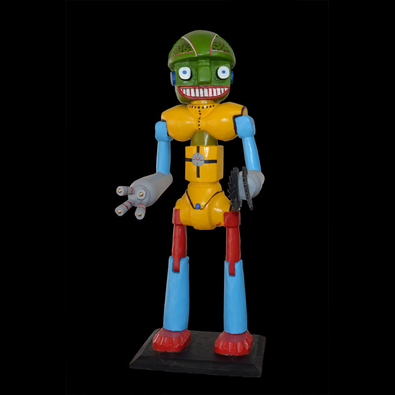 Robot yellow with green head - Sculpture polychrome - Camara Demba - 2012