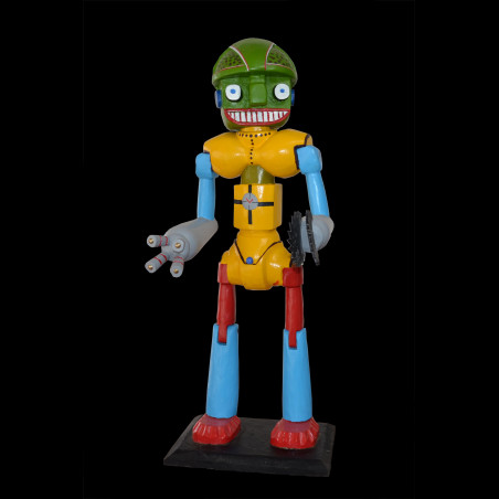 Robot yellow with green head - Sculpture polychrome - Camara Demba - 2012