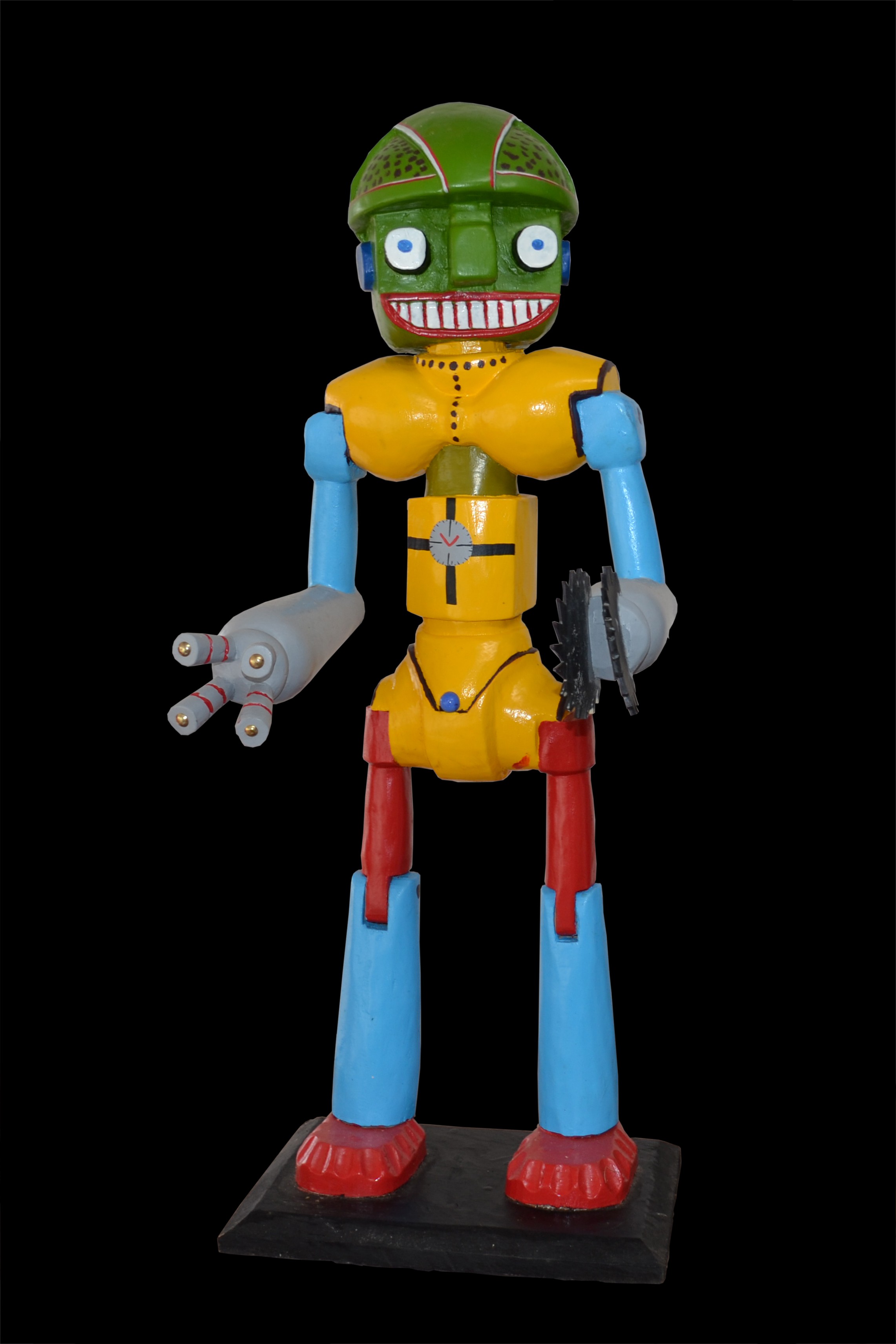 Robot yellow with green head - Sculpture polychrome - Camara Demba - 2012