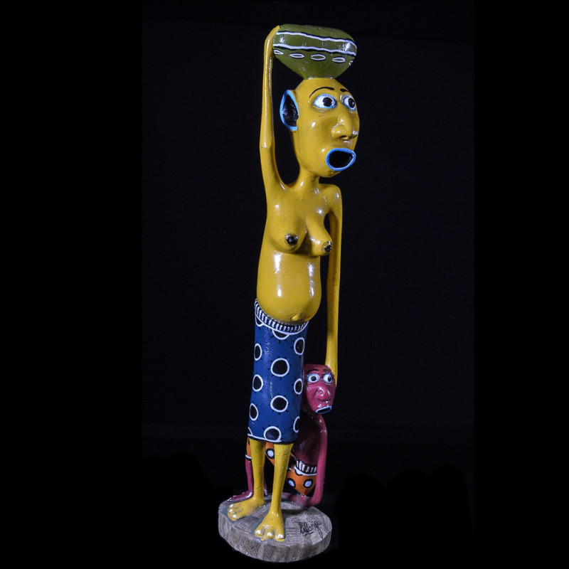 Sculpture Shetani Femme Jaune Et Enfant Rouge - Agostino Malaba - Makonde