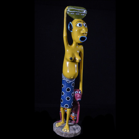 Sculpture Shetani Femme Jaune Et Enfant Rouge - Agostino Malaba - Makonde