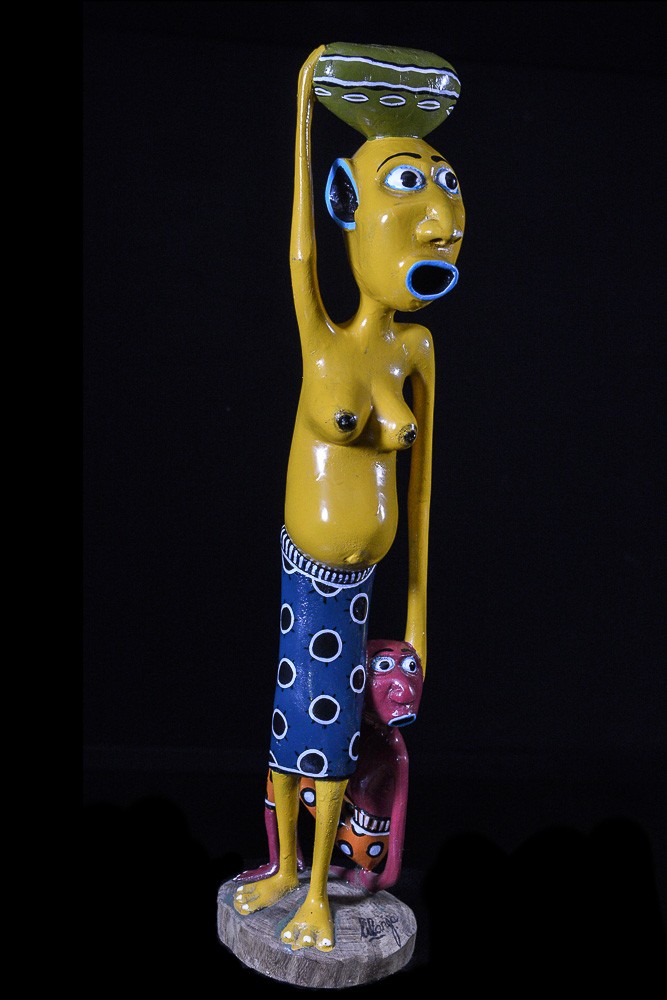 Sculpture Shetani Femme Jaune Et Enfant Rouge - Lilanga - Makonde